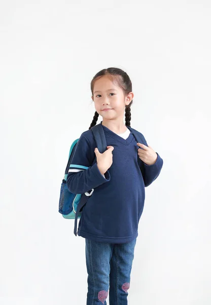 Niña Asiática Uniforme Escolar Casual Con Mochila Aislada Sobre Fondo —  Fotos de Stock