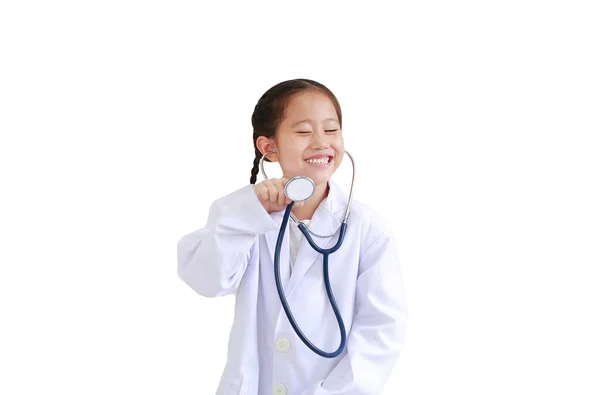 Portrait Happy Asian Little Child Girl Stethoscope While Wearing Doctor — Stock Photo, Image