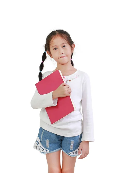 Porträt Lächelnd Asiatisches Kleines Mädchen Halten Buch Isoliert Auf Weißem — Stockfoto