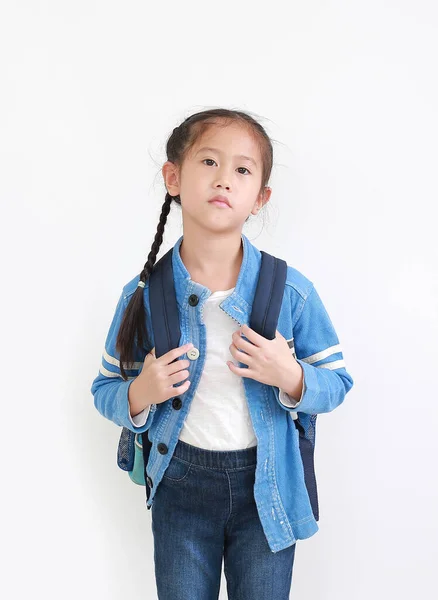 Porträtt Asiatisk Liten Flicka Casual School Uniform Med Ryggsäck Vit — Stockfoto