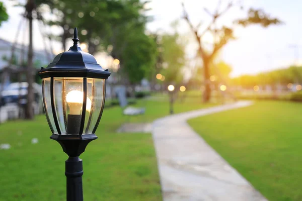 Cerca Poste Estilo Europeo Lámpara Con Luz Encendida Campo Hierba — Foto de Stock