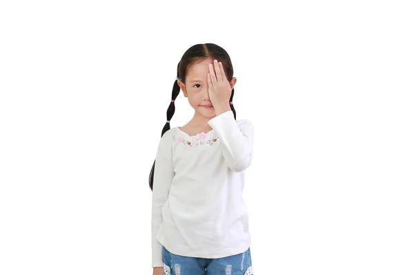 Portrait Little Asian Child Girl Closing One Eye Hand Isolated — Stock Photo, Image