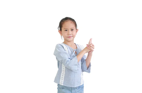 Portrait Kleine Asiatische Mädchen Ausdruck Finger Mit Imaginären Waffe Isoliert — Stockfoto