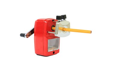 Beyaz arkaplanda izole edilmiş sarı kalemli döner kalem açacağı..