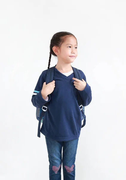 Retrato Menina Criança Asiática Uniforme Escolar Casual Com Mochila Isolada — Fotografia de Stock