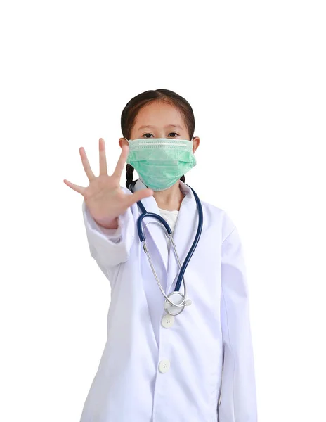 Retrato Asiático Menina Mostrando Mão Parar Sinal Vestindo Uniforme Médico — Fotografia de Stock