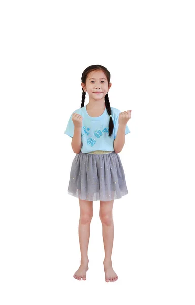 Smiling Asian Little Kid Girl Pigtail Hair Standing Raise Hands — Stock Photo, Image