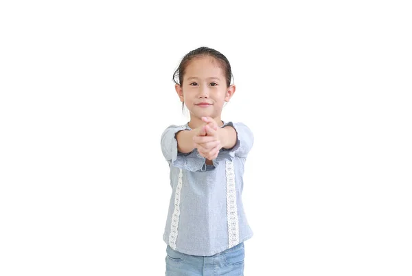 Porträt Asiatisches Kleines Mädchen Ausdruck Finger Mit Imaginären Pistole Isoliert — Stockfoto