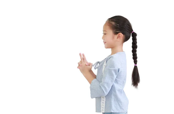 Портрет Азіатської Маленької Дівчинки Виражає Палець Уявним Пістолетом Ізольовано Білому — стокове фото