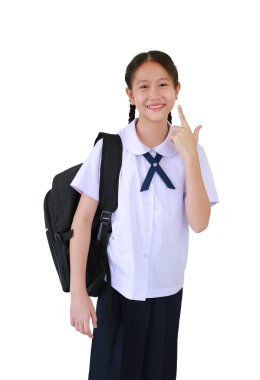 Portrait of beautiful Asian schoolgirl in school uniform show index and thumb fingers up isolated on white studio background. Image with clipping path.