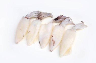 Beyaz stüdyo arka planında izole edilmiş taze mürekkep balıkları.