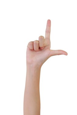 Silah tutan el beyaz arka planda izole edilmiş. Parmak el sembolleri kavramı.