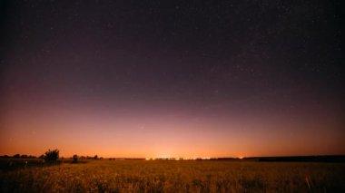 Doğal Gece Yıldızlı Gökyüzü Yaz Çayırı Çayırı 'nın Üzerinde. Parlayan Yıldızlar ve Günbatımı Işıkları Manzaranın Üzerinde.