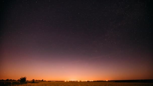 夏の畑の牧草地の上の自然の夜空。輝く星と日の出風景の上のライト. — ストック動画