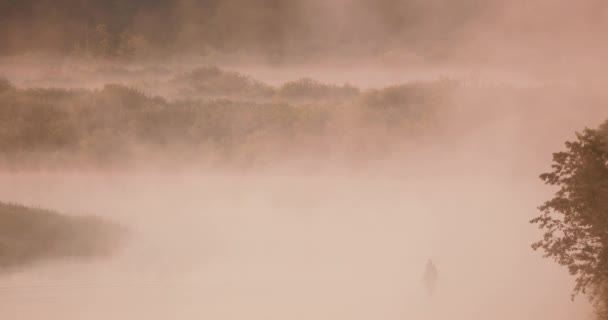 Calm Lake, River And Man Fishing From Old Wooden Rowing Fishing Boat At Beautiful Misty Sunrise In Summer Morning. Fisherman Is In Wooden Boat. Russian Nature — Stock Video