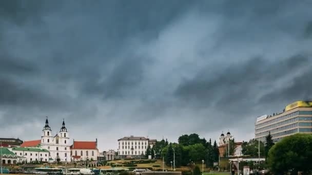 Minsk, Belarus. Kutsal Ruh Katedrali Manzarası. Meşhur Landmark, Belarus Ortodoks Kilisesi. Zaman Hızı, Zaman Hızı, Zaman Hızı — Stok video
