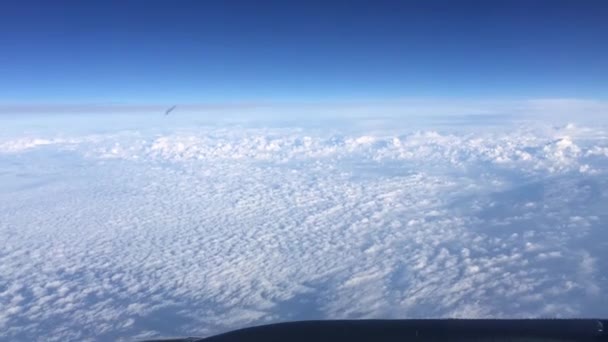 Hermosa vista aérea del cielo despejado sobre nubes esponjosas blancas desde el vuelo de altura del avión. Caducidad, Caducidad, Caducidad — Vídeos de Stock