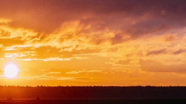 Sol vid soluppgången på himlen. Ljus dramatisk himmel med fluffiga moln. Gul, orange, blå och magenta färger. Tidsförskjutning Tidsförskjutning — Stockvideo