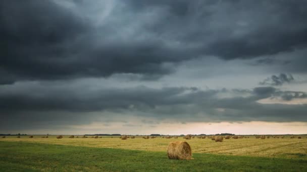 Cielo antes de la lluvia con nubes de lluvia en el horizonte sobre el paisaje rural Campo prado con fardos de heno después de la cosecha. Caducidad, Caducidad, Caducidad — Vídeos de Stock