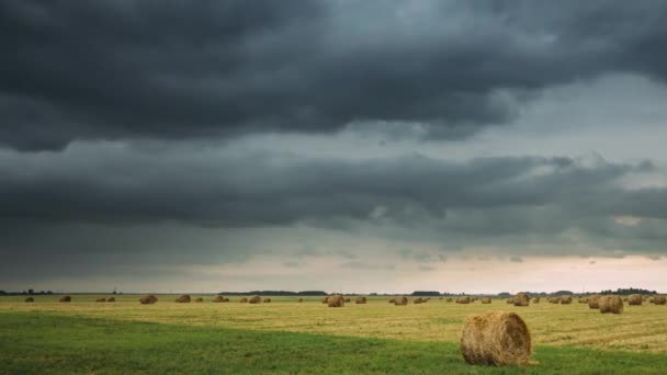 Sky Before Rain With Rain Clouds On Horizon Over Rural Landscape Field Meadow With Say Bales After Harvest. Časová prodleva, Časová prodleva, Časová prodleva — Stock video