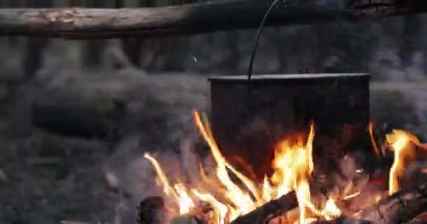 Old Retro Camp Saucepan agua hervida para la preparación de sopa en un incendio en el bosque. Fuego de llama hoguera en la noche de verano — Vídeos de Stock