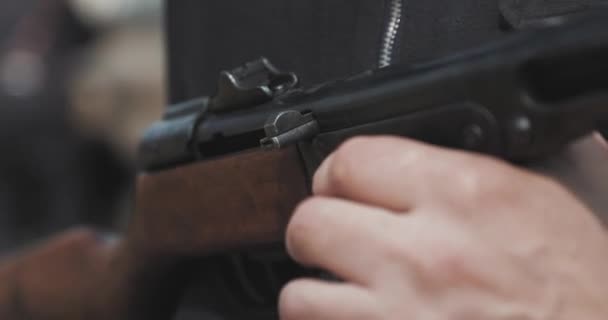 Russian Soviet Crew Member Soldier Of World War II Holding In HandsSub-machine Gun. — Stock Video