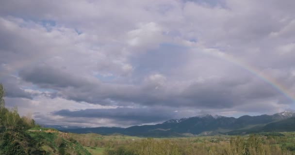 スペイン・カタルーニャ州。春の森と丘の上に虹のピレネー山脈の風景.春の自然 — ストック動画