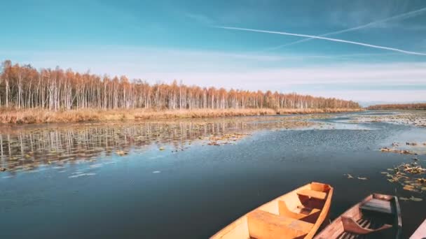 Gölü ya da nehri ve güzel sonbahar güneşli bir günde kürek çeken eski balıkçı tekneleri — Stok video
