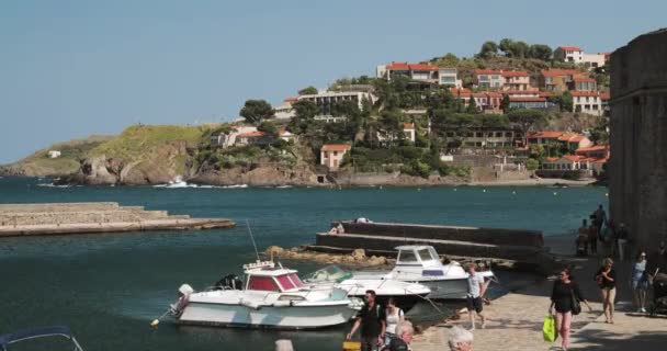 Collioure, Francia - 16 maggio 2018: Persone Turisti che riposano e camminano sulla costa attraverso la baia nel giorno soleggiato — Video Stock