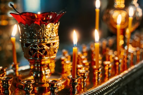 Row Candles In Church. Candle Light Flame In Worship