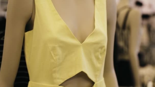 Schaufensterpuppe in weiblichem Freizeitkleid und Kleidung auf Regalen und Kleiderbügel im Geschäft von Shopping Mall — Stockvideo