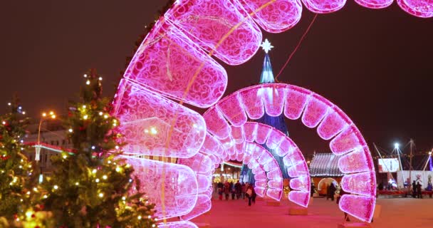 Gomel, Bielorussia - 17 dicembre 2018: persone che visitano le decorazioni natalizie in piazza Lenin durante le vacanze invernali di Capodanno — Video Stock