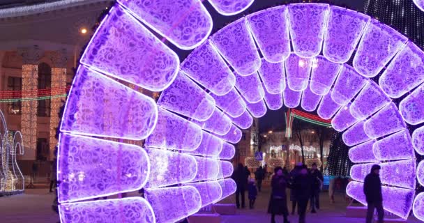 Gomel, Bielorussia - 17 dicembre 2018: persone che visitano le decorazioni natalizie in piazza Lenin durante le vacanze invernali di Capodanno — Video Stock