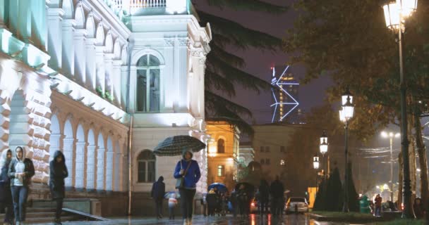 Tbilisi, Georgia - 22 novembre 2018: persone che camminano vicino al palazzo Vorontsov a Shota Rustaveli Ave durante la notte — Video Stock
