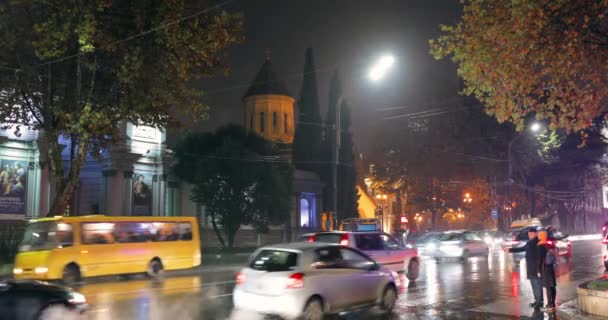 Tiflis, Georgien - 22. November 2018: Verkehr in der Nacht Rustaveli Avenue Street. Nachtansicht der Kashveti-Kirche von St. George, White Georgian Orthodox Church. Junges Paar nimmt Taxi — Stockvideo