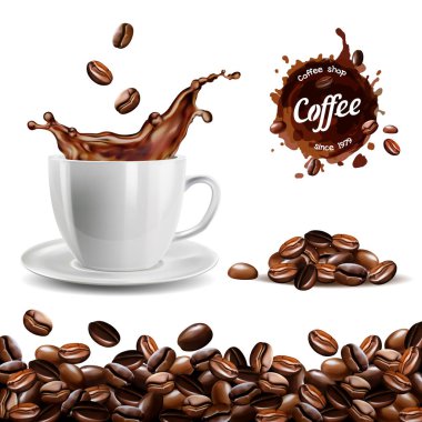 Öğeleri (kahve çekirdekleri arka plan, kahve fincanı, bir kahve sıçrama, kazık ve leke, logo gerçekçi vektör kümesi)