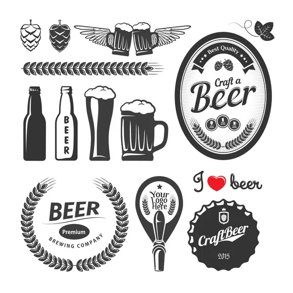 Goede Ambachtelijke Bier Brouwerij Etiquette Emblemen Ontwerpelementen Vintage Vector Set — Stockvector