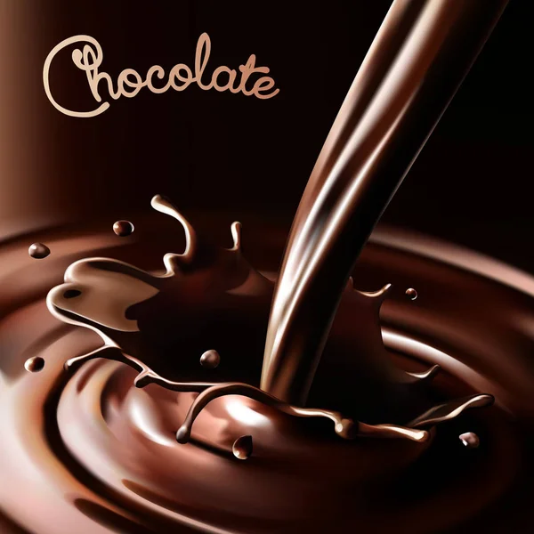 현실적인 스플래시 흐르는 초콜렛 코코아 어두운 배경에 디자인 — 스톡 벡터