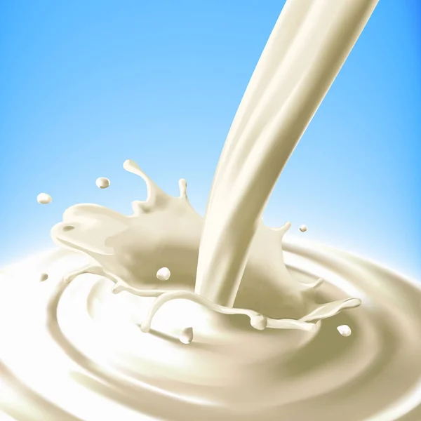 Realistiska Splash Hälla Mjölk Blå Bakgrund Närbild Vector Element — Stock vektor