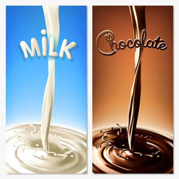 現実的なスプラッシュ流れるミルクとチョコレート ココア 青と茶色の背景に 孤立したベクター デザイン要素 — ストックベクタ