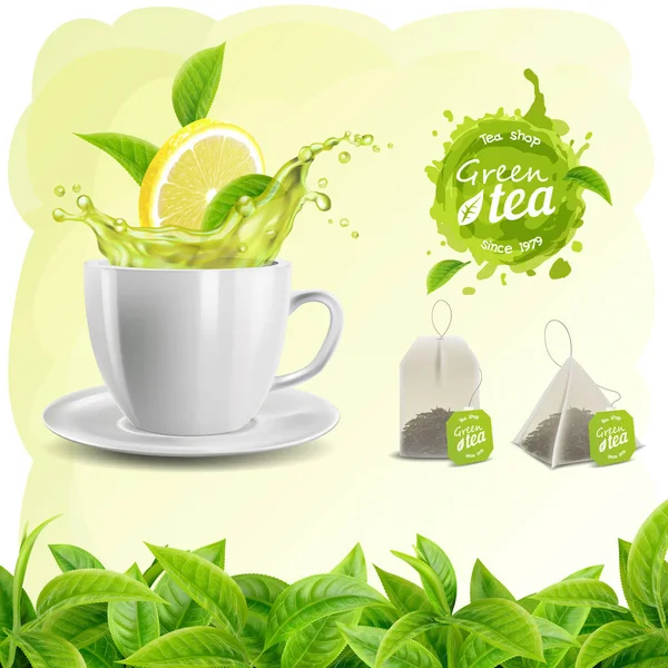 茶葉の背景 紅茶のカップ レモンのスプラッシュ ティーバッグと汚れ ロゴの現実的なベクトルを設定 — ストックベクタ