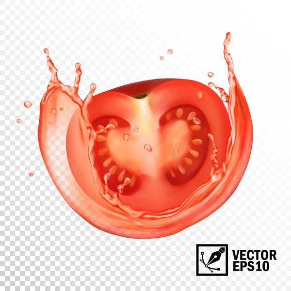 Realistic Vector Splash Juice Ketchup Tomato Slices — Stock Vector