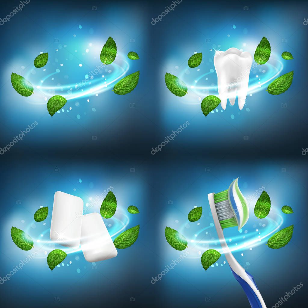3D realistic vector dental set (separate vortex leaves of mint,healthy tooth, gum pellets, toothbrush with extruded toothpaste)