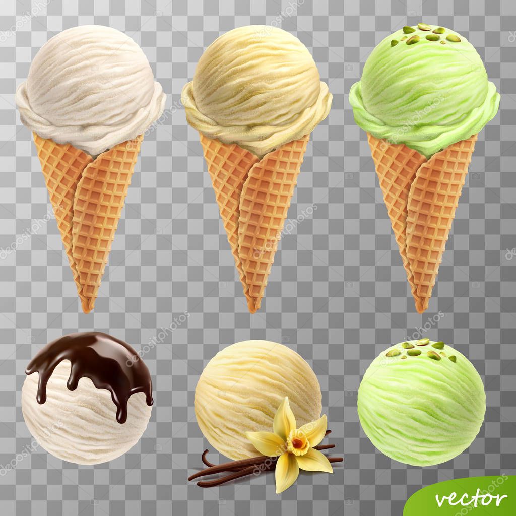 3D realistic vector ice cream scoops in a waffle cones (melted chocolate, vanilla flower and sticks, pistachios)