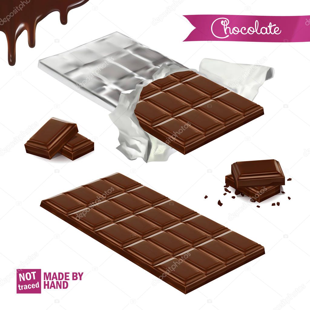 Realistic chocolate bar wrapped in foil. Pieces of chocolate from different angles. Melted chocolate seamless
