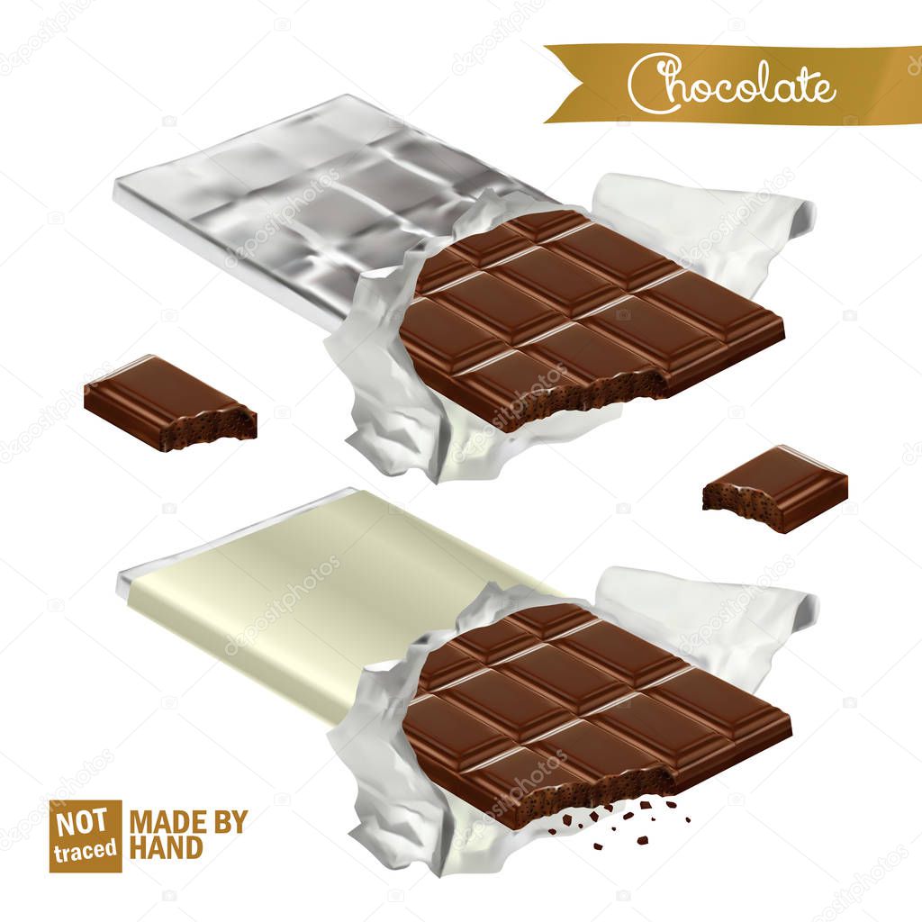 Realistic chocolate bar with bite wrapped in foil and the plastic cover. Bitten chocolate pieces.