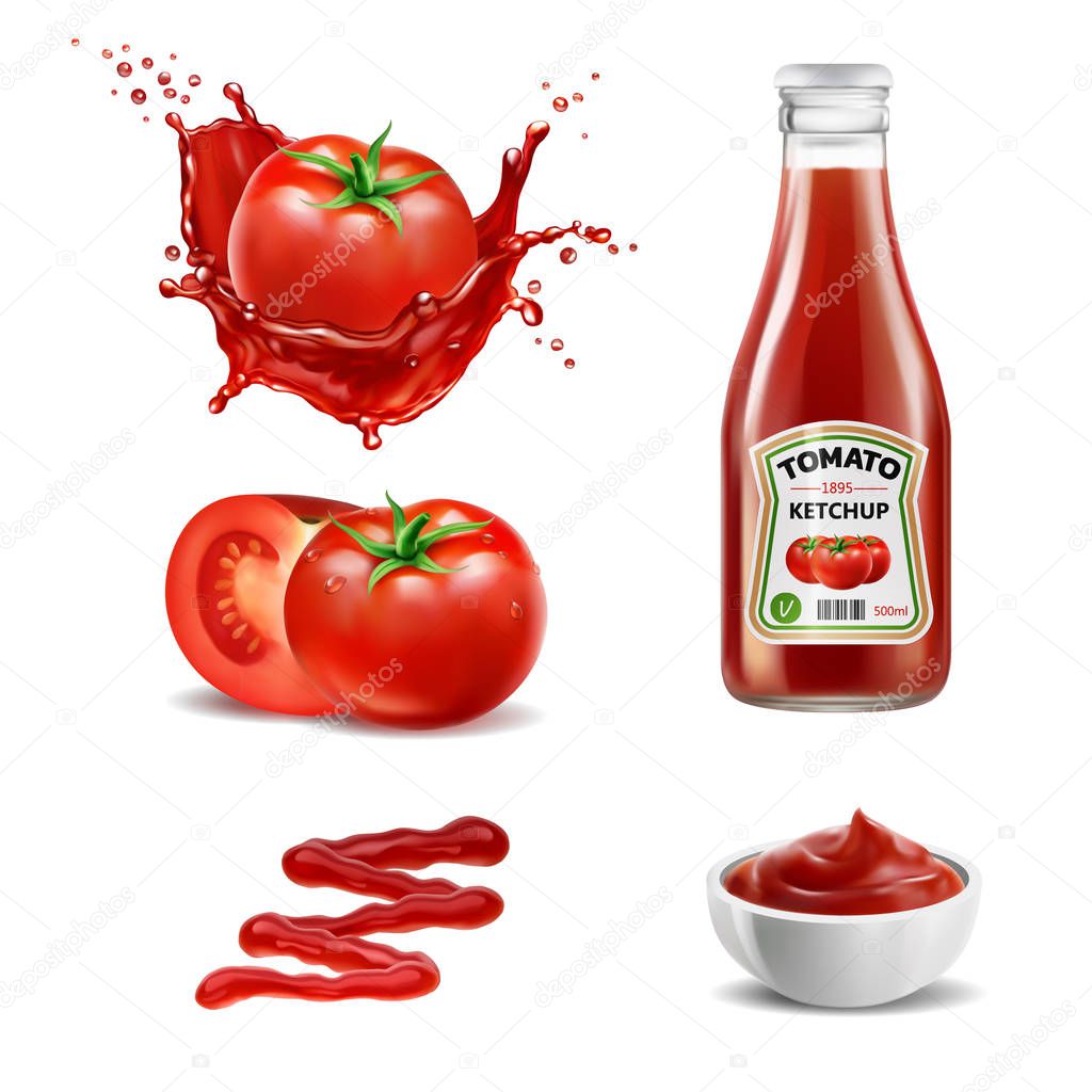 Realistic vector elements set of red tomatoes ( splash of tomato juice, ketchup bottle, whole and a slice of tomato, squeezed out sauce line and sauce in the bowl)