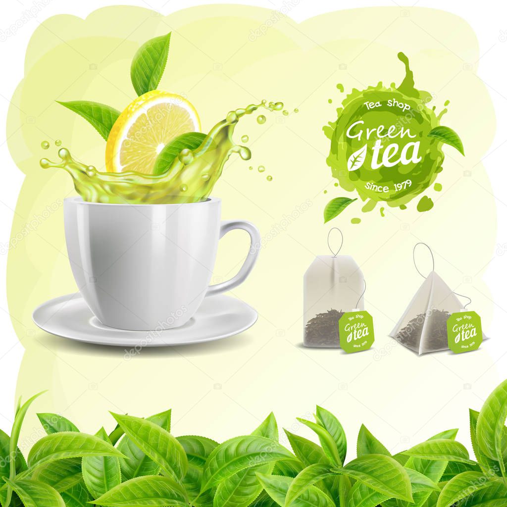 Realistic vector set of elements (tea leaf background, tea cup, a tea and lemon splash, tea bags and stain, logo)