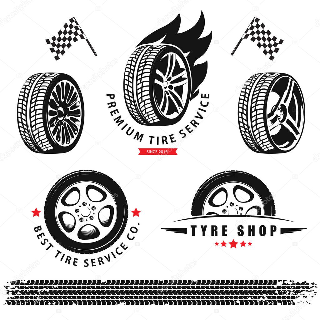 Vector set of wheels, tires and tracks for use in icons and logos