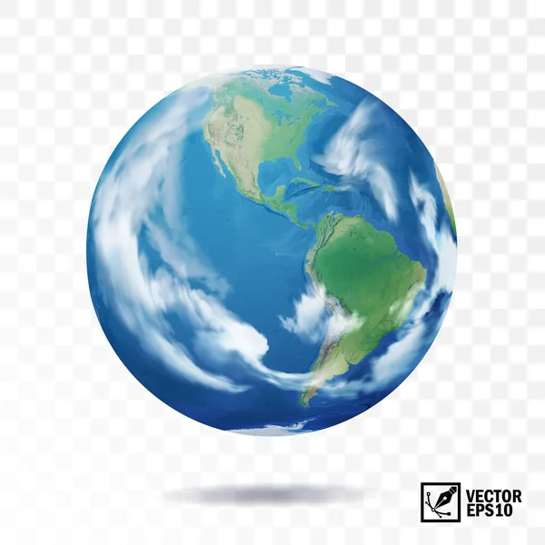 3D réaliste, Terre vectorielle isolée avec nuages, globe avec vue sur les continents d'Amérique du Nord et du Sud — Image vectorielle